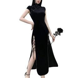 Sexy Gothic Dunkel Chinesischer Stil Traditioneller Samt Vintage Schnalle Seitenschlitze mit Kreuzriemen Cheongsam Qipao Langes Kleid für Frauen, Schwarz , L von FREEPPCC