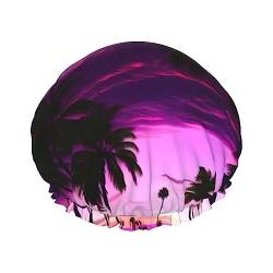 Palm Tree Purple Sunset Wiederverwendbare Duschhaube für Damen, doppelt, spritzwassergeschützt, große Größe für alle Haarlängen von FRESQA