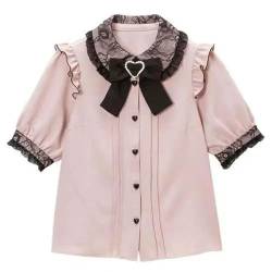 Süße Bogen Spitze Einfarbig Bluse Frauen Lolita Hemd 2023 Frühling Sommer Frau Top Japanischen Stil Nette Kurzarm Shirts von FRESQA