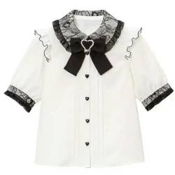 Süße Bogen Spitze Einfarbig Bluse Frauen Lolita Hemd 2023 Frühling Sommer Frau Top Japanischen Stil Nette Kurzarm Shirts von FRESQA