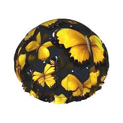 Wiederverwendbare Duschhaube mit gelben Blumen und Schmetterlingen für Damen, doppelt, spritzwassergeschützt, große Größe für alle Haarlängen von FRESQA