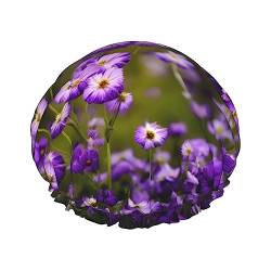 Wiederverwendbare Duschhaube mit vielen violetten Blumen, doppelt, spritzwassergeschützt, große Größe für alle Haarlängen von FRESQA