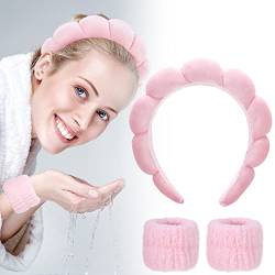 FRIUSATE 3-teiliges Spa-Stirnband-Handgelenk-Waschband-Set, geschwollenes Stirnband, Blasen-Stirnband für Frauen und Mädchen, Make-up-Entfernung, Dusche (rosa) von FRIUSATE