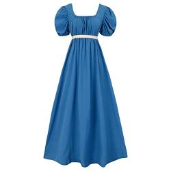 FRIUSATE Regency Kleider, Vintage Kleid, Regency Kleider für Damen mit Schärpe Empire-Taille Rüschen Puffärmel Langes Kleid für Partys, Hochzeiten und Gala, blau, L von FRIUSATE