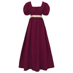 FRIUSATE Regency Kleider, Vintage Kleid, Regency Kleider für Damen mit Schärpe Empire-Taille Rüschen Puffärmel Langes Kleid für Partys, Hochzeiten und Gala, claret, Medium von FRIUSATE