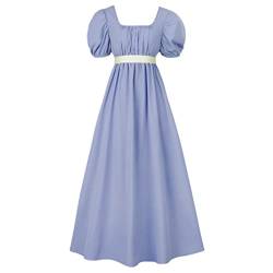 FRIUSATE Regency Kleider, Vintage Kleid, Regency Kleider für Frauen mit Schärpe Empire Taille Rüschen Puffärmel Langes Kleid für Party, Hochzeit und Gala, Light Blue, Small von FRIUSATE