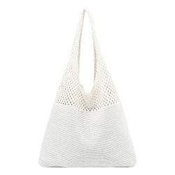 FRMUIC Strandtasche Tasche Damen Umhängetasche Groß Shopper Tasche Tote Bag Handtasche Sommer Boho Häkeltasche Schultertasche Beuteltasche Baumwolle für Reisen Einkaufen (White, One Size) von FRMUIC