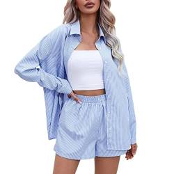 FRMUIC Zweiteiler Freizeitanzug Damen Sommer Outfit 2 Teiler Hosenanzug Casual Sommer-Shorts und gestreifte Blusen Locker Lässige Loungewear Freizeithose Trainingsanzug (Blue, M) von FRMUIC