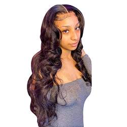 Lace-Front-Perücke, transparent, frontal, leimlos, Echthaar mit vorgezupftem Haaransatz, brasilianische Perücken für schwarze Frauen (Black, 14) von FRMUIC