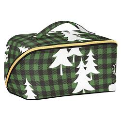 FRODOTGV Buffalo Plaid Waldmuster Bäume Große Kapazität Make-up Tasche Tragbare Kulturtasche Kosmetiktasche mit Trennwänden und Griff für Reisen, Alltag, Büffelkarierte Bäume mit Waldmuster, von FRODOTGV