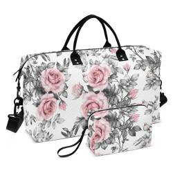 FRODOTGV Große Tasche mit rosa Blumen und Blättern, Wochenendtasche, mit Kulturbeutel, Sport, Turnbeutel für Fitnessstudio, Flugzeug, Reisen, wasserdicht, Rosa Blumen und Blätter., 1 Size von FRODOTGV