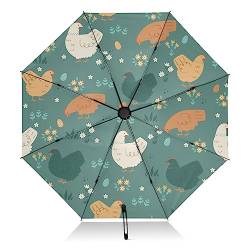 FRODOTGV Reise-Regenschirm mit niedlichem Hühner-Motiv, kompakt, für Regen, Sonne, faltbar, 8 Rippen, groß, winddicht, UV-Regenschirm, automatisch, für Männer und Frauen von FRODOTGV