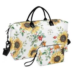 Große Reisetasche Turnbeutel Multifunktionale Reise Weekender Gear Bag mit Kulturbeutel für Sport Geschäftsreisen Sonnenblumen Blätter und Vögel Weiß, Sonnenblumen, Blätter und Vögel, weiß, 1 Size von FRODOTGV