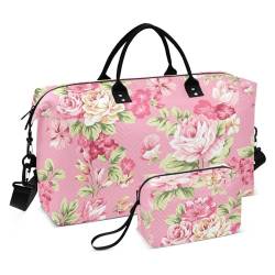 Reise Duffle Taschen Rose Bouquet Design Muster weiß Woche/Übernachtung Duffel mit verstellbarem Gurt Fitness-Studio Duffle Tasche für Wandern Yoga 2 Stück Set, Rosenstrauß Designmuster weiß, 1 Größe, von FRODOTGV