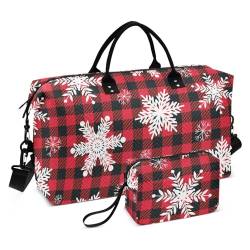 Reisetasche mit Schneeflocken auf Büffelkaro, Weihnachten, Handgepäcktasche mit verstellbarem Riemen, großer Turnbeutel für Workout, Fitnessstudio, multifunktional, Schneeflocken auf einem Büffelkaro von FRODOTGV