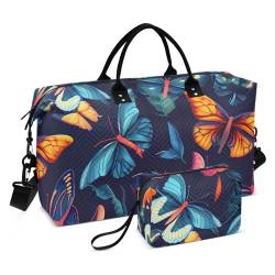 Übergroße Reisetasche mit farbigen Schmetterlingen auf schwarzem Hintergrund, Handgepäcktasche mit verstellbarem Riemen, für Reisen, Flugzeug, Reisen, großes Fassungsvermögen, Farbige Schmetterlinge von FRODOTGV