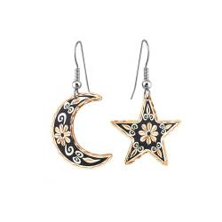 Kupfer-Reflektions-Ohrringe mit Halbmond und Stern für Damen. Handgefertigter Kupferschmuck - Schwarzer Hintergrund mit Gänseblümchen von FRONT LINE JEWELRY