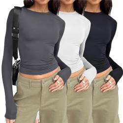 3er Pack Langarmshirt Damen Set Slim Fit Basic Langarm Shirt Elegant Sexy Crop Tops Y2k Clothes 3 Stück Casual Longsleeve Rundhals Cropped Tee Für Frauen Mädchen von FROON