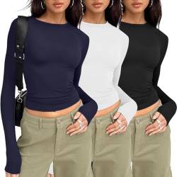 3er Pack Langarmshirt Damen Set Slim Fit Basic Langarm Shirt Elegant Sexy Crop Tops Y2k Clothes 3 Stück Casual Longsleeve Rundhals Cropped Tee Für Frauen Mädchen von FROON