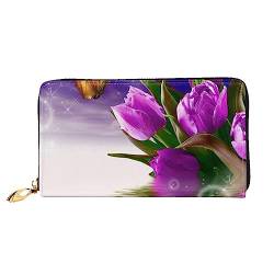 FROON Lila Tulpe Lange Clutch Geldbörse Leder Geldbörsen Clutch Leder Geldbörsen Mode Leder Geldtasche Lange Bifold Leder Billfold, Schwarz , Einheitsgröße von FROON