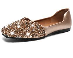 FSFDAMAI Damen-Schuh mit Strasssteinen, flach, quadratisch, glitzernd, elegant, lässig, für Braut, Hochzeit, glitzernd, bequem, Goldfarben, 41 EU von FSFDAMAI