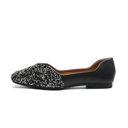 FSFDAMAI Damen-Schuh mit Strasssteinen, flach, quadratisch, glitzernd, elegant, lässig, für Braut, Hochzeit, glitzernd, bequem, Schwarz, 41 EU von FSFDAMAI