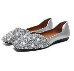 FSFDAMAI Damen-Schuh mit Strasssteinen, flach, quadratisch, glitzernd, elegant, lässig, für Braut, Hochzeit, glitzernd, bequem, silber, 41 EU von FSFDAMAI