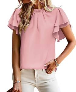 FSHAOES Damen Rüschen Kurzarm Tops Rüschen Mock Neck Casual Sommer Loose Fit Chiffon Blusen Shirts, Pink, Klein von FSHAOES