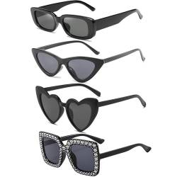 FSMILING 4 Stück Vintage Sonnenbrillen Damen Schwarz Set Retro Damen Sonnenbrille Schwarz Trendy Brille Set Für Damen Herren von FSMILING