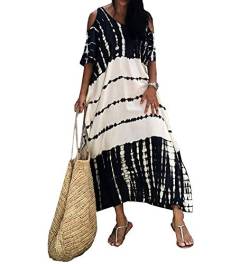 FSMO Damen Elegante Strandponcho Baumwolle Lose Sommer Lange Kaftan Bikini Cover Ups Maxi Strandkleid One Size (Einheitsgröße, Schwarz-Weiss) von FSMO