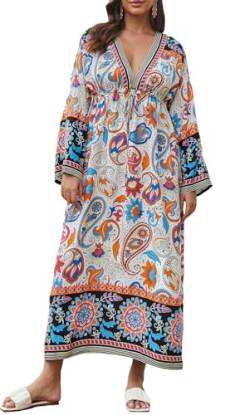 FSMO Damen Kaftan Lange Strandkleid Loungewear Übergröße Strandponcho Pareo Sommer Tunika Maxikleid von FSMO