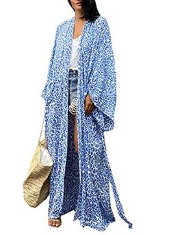 FSMO Damen Kimono Cardigan Lange Bikini Cover Up Sommer Maxikleid Leichte Strand Jacke Beachwear (Einheitsgröße, Blau) von FSMO