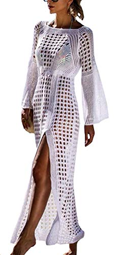 FSMO Damen Langarm Strandkleid Gestrickte Schlitz Bikini Cover Up Strandponcho Sommer Lange Kaftan Maxikleid (Einheitsgröße, Weiß) von FSMO