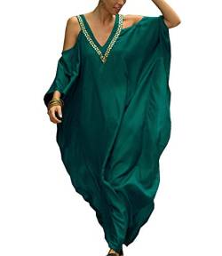 FSMO Damen Strandkleid Baumwolle Bikini Cover Up Lose Kaftan Strandponcho Lang Sommer Pareos Maxikleid Beachwear (Einheitsgröße, Grün) von FSMO