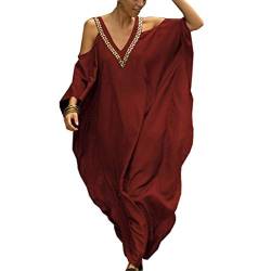 FSMO Damen Strandkleid Baumwolle Bikini Cover Up Lose Kaftan Strandponcho Lang Sommer Pareos Maxikleid Beachwear (Einheitsgröße, Weinrot) von FSMO