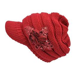 FSSTUD Damen Winter Warme Gestrickte Strickmütze Strick Beanie Mütze mit Schild Cap Rot von FSSTUD