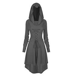 FSUJWOA Renaissance Kostüm Damen Robe Gothic Kleid Damen Mittelalter Renaissance Mit Kapuze Kleid Halloween Party Kostüm (L, Asche) von FSUJWOA