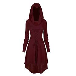 FSUJWOA Renaissance Kostüm Damen Robe Gothic Kleid Damen Mittelalter Renaissance Mit Kapuze Kleid Halloween Party Kostüm (XL, rot) von FSUJWOA