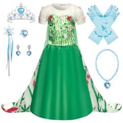 FStory&Winyee Mädchen Elsa Kostüm Kinder Prinzessin Kleid Karneval Verkleidung Party Eiskönigin Cosplay Outfit Weihnachten Fasching Frozen Kostüm Set Diadem Zauberstab Grün Blumen Mädchen Geschenk von FStory&Winyee