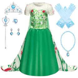 FStory&Winyee Mädchen Elsa Kostüm Kinder Prinzessin Kleid Karneval Verkleidung Party Eiskönigin Cosplay Outfit Weihnachten Fasching Frozen Kostüm Set Diadem Zauberstab Grün Blumen Mädchen Geschenk von FStory&Winyee