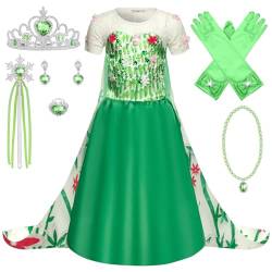 FStory&Winyee Mädchen Elsa Kostüm Kinder Prinzessin Kleid Karneval Verkleidung Party Eiskönigin Cosplay Outfit Weihnachten Fasching Frozen Kostüm Set Diadem Zauberstab Grün Blumen Mädchen Geschenk von FStory&Winyee