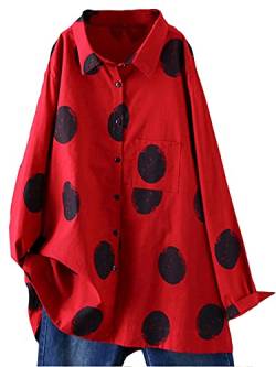 FTCayanz Damen Bluse Langarm Shirts Polka-Dots Locker Hemd Freizeit Oberteil Rot XXL von FTCayanz