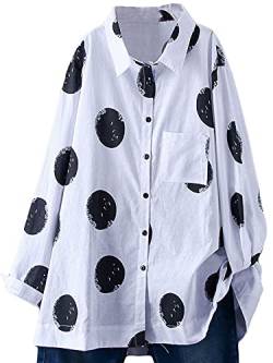 FTCayanz Damen Bluse Langarm Shirts Polka-Dots Locker Hemd Freizeit Oberteil Weiß XXL von FTCayanz