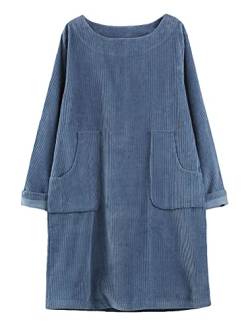 FTCayanz Damen Corduroy Tunika Kleider Rundhals Langarm Oversize Pullover Lange Cordkleid mit Taschen Jeansblau L von FTCayanz