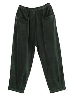 FTCayanz Damen Elastische Taille Cordhosen Baumwolle Weite Bein Haremshose Corduroy Hosen Freizeithose mit Taschen Grün L von FTCayanz