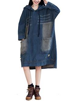 FTCayanz Damen Hoodie Denim Kleid Oversize Kapuzen Jeanskleider Langarm Pullover Kleider mit Taschen 3-Denim Blau von FTCayanz