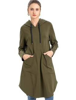 FTCayanz Damen Hoodie Kleid Langarm Kapuzenpullover Herbst Sweatkleid Lange Sweatshirts Kleider mit Taschen Armeegrün XL von FTCayanz