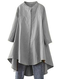 FTCayanz Damen Leinen Bluse Shirt Langarm Stickerei Hemd Elegant Langarmshirt Lang Tunika Tops Grau XXL von FTCayanz