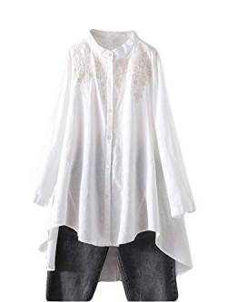 FTCayanz Damen Leinen Bluse Shirt Langarm Stickerei Hemd Elegant Langarmshirt Lang Tunika Tops Weiß XL von FTCayanz