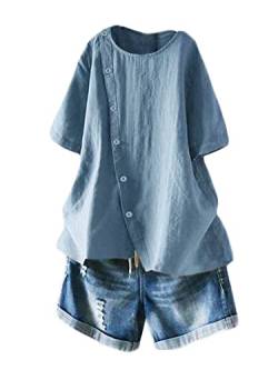 FTCayanz Damen Leinen Bluse Tunika Sommer Kurzarm T-Shirt Elegant Oberteil Grau Blau XL von FTCayanz